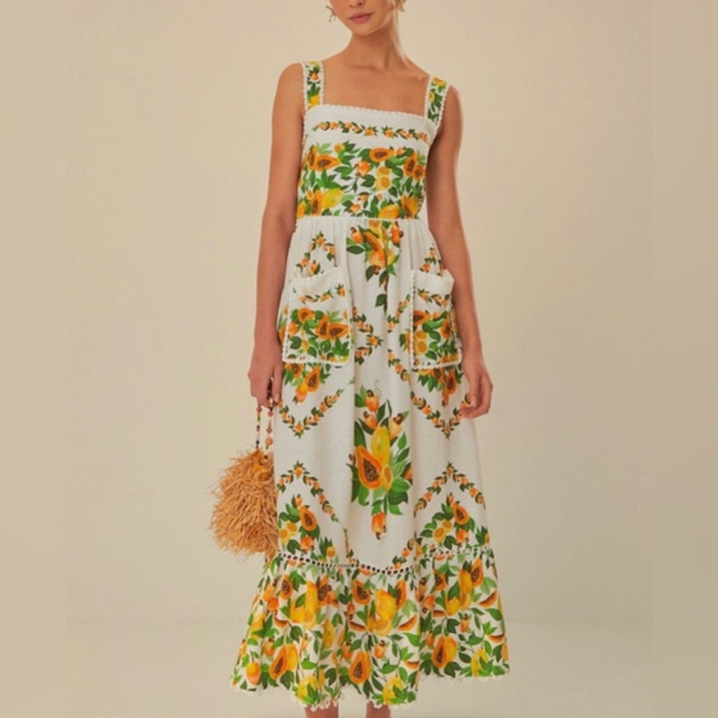 Floral Smocked Midi Dress In White & Yellow